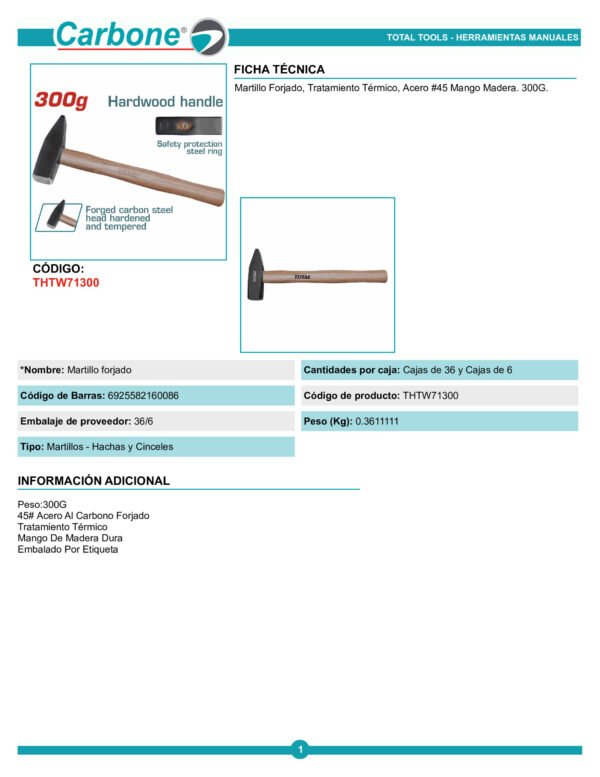 Martillo Hojalatero Peña Mecánico Mango Madera 300gr Total