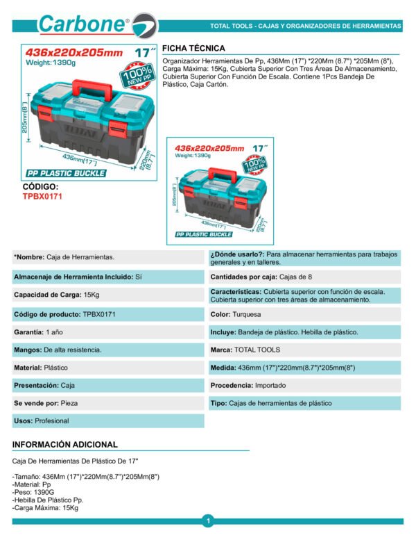 Caja De Herramienta 17pg Plastica Cierre Metalico 15kg Total