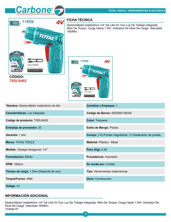 Atornillador Inalámbrico 4v Eco Total Tsdli0402