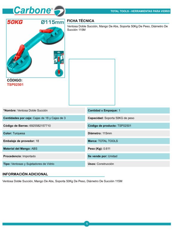 Chupa Ventosa Doble Capacidad 50 Kg Para Vidrio Total Tsp02