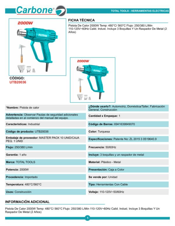 utb20036-pistola-de-calor-2000w_001 Pistola De Calor 550° Pesado Utb16078 Reemplaza utb20036