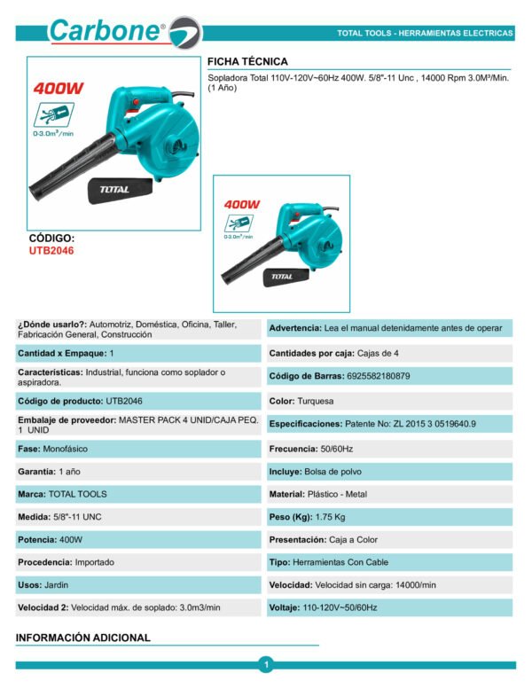Sopladora 400w 120v Industrial Total (utb2046) 110v