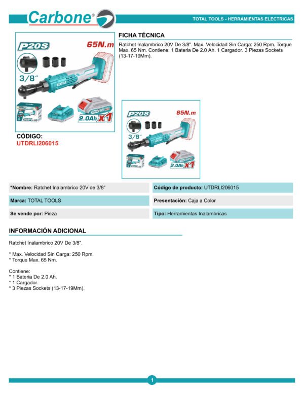 Ratchet Inalambrico Total 20v (3/8 ) 65nm No Incluye Bateria