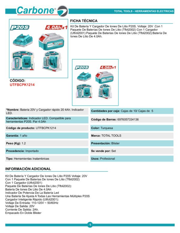 Combo 4 Amp Ah Bateria 20v + Cargador Carga Rapida Total
