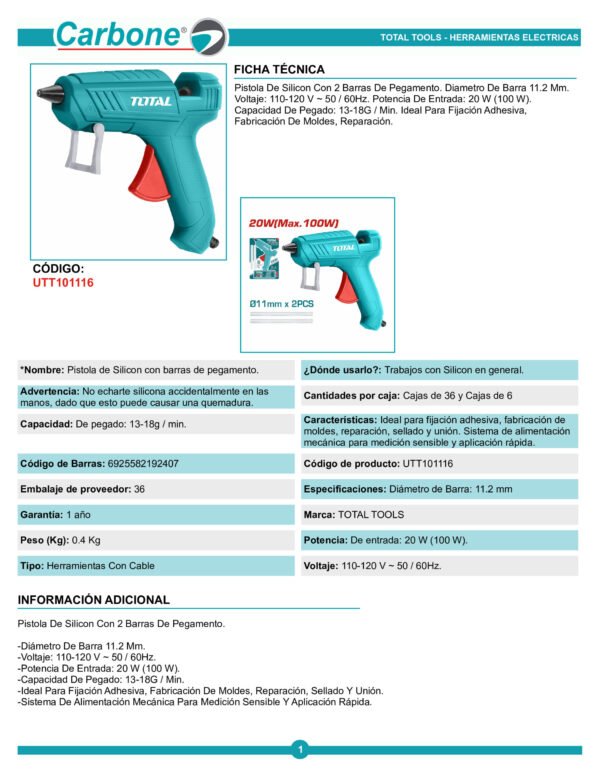 Pistola De Pegar Silicona Eléctrica Total Color Turquesa