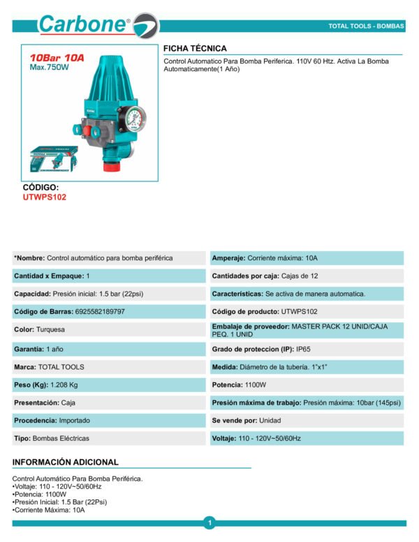 Total Tools Utwps102 Control Automatico Para Bombas De Agua