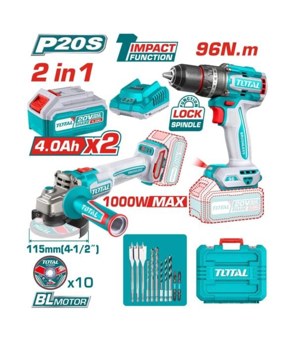 Combo Taladro Percutor 96nm y Pulidora 20v + 2 baterias de 4ah + 9 accesorios