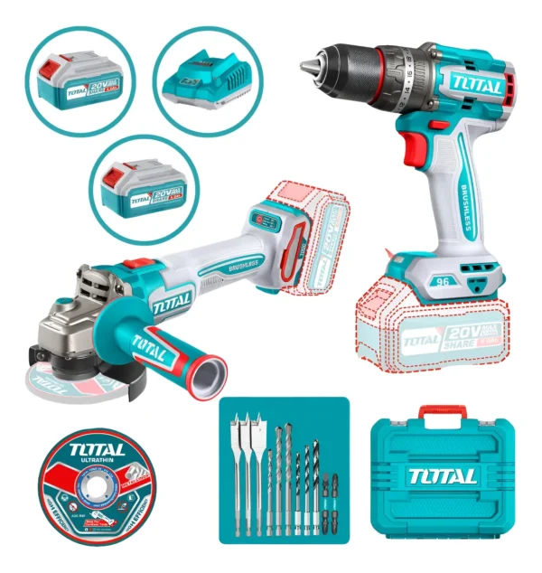 Combo Taladro Percutor 96nm y Pulidora 20v + 2 baterias de 4ah + 9 accesorios