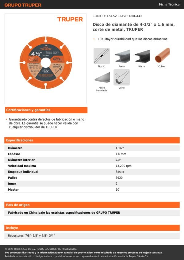 Disco De Diamante De 4-1/2 X 1.6 Mm, Corte De Metal, Truper