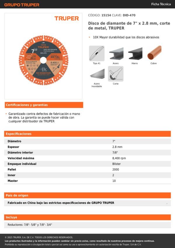 15154-imágenes-0 Disco De Diamante De 7 X 2.8 Mm, Corte De Metal, Truper