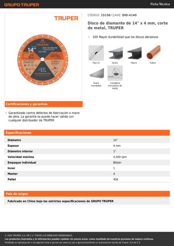 15156-imágenes-0 Disco De Diamante De 14 X 4 Mm, Corte De Metal, Truper