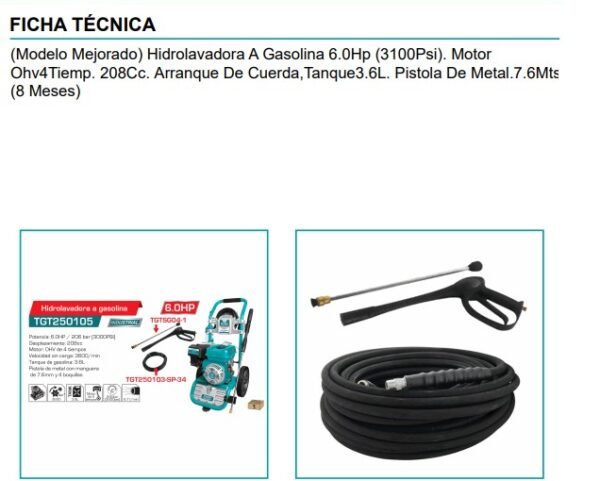 Captura de pantalla 2025-11-22 101146 Hidrolavadora 3.6 La Gasolina 3000psi 6hp + Manguera + Lanza Turquesa
