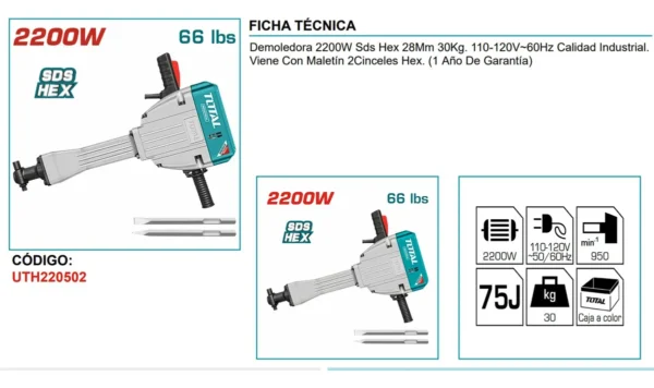 Demoledor Piso 2200w Trabajo Pesado 75j 110v Total