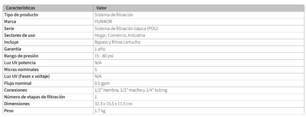 FICHA Purificador De Agua De 1 Etapa Pkf-1t Purikor Blanco
